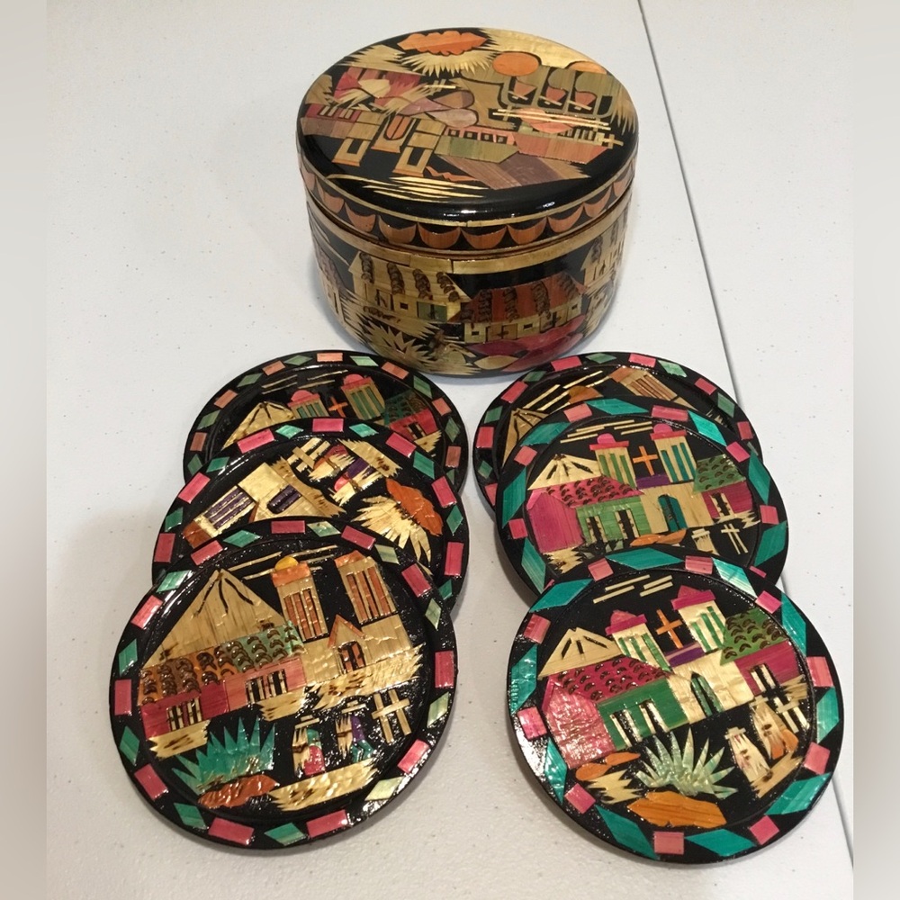 Vintage Wooden Coasters Inlayed Huts Polynesian Land Scape with Holder Box